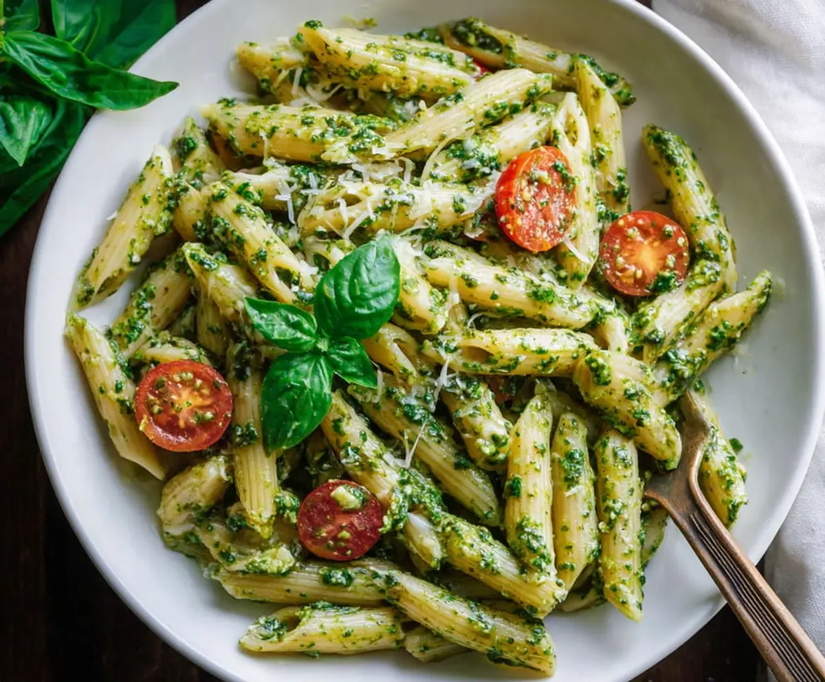 Delicious pesto penne pasta garnished with fresh basil and Parmesan cheese.