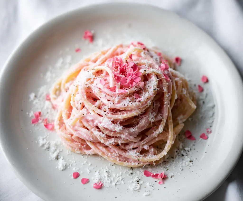 Delicious Pink Cacio E Pepe pasta dish garnished with herbs, showcasing vibrant pink sauce and perfectly cooked pasta.