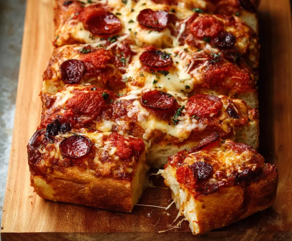 Delicious homemade pizza bread with melted cheese and toppings