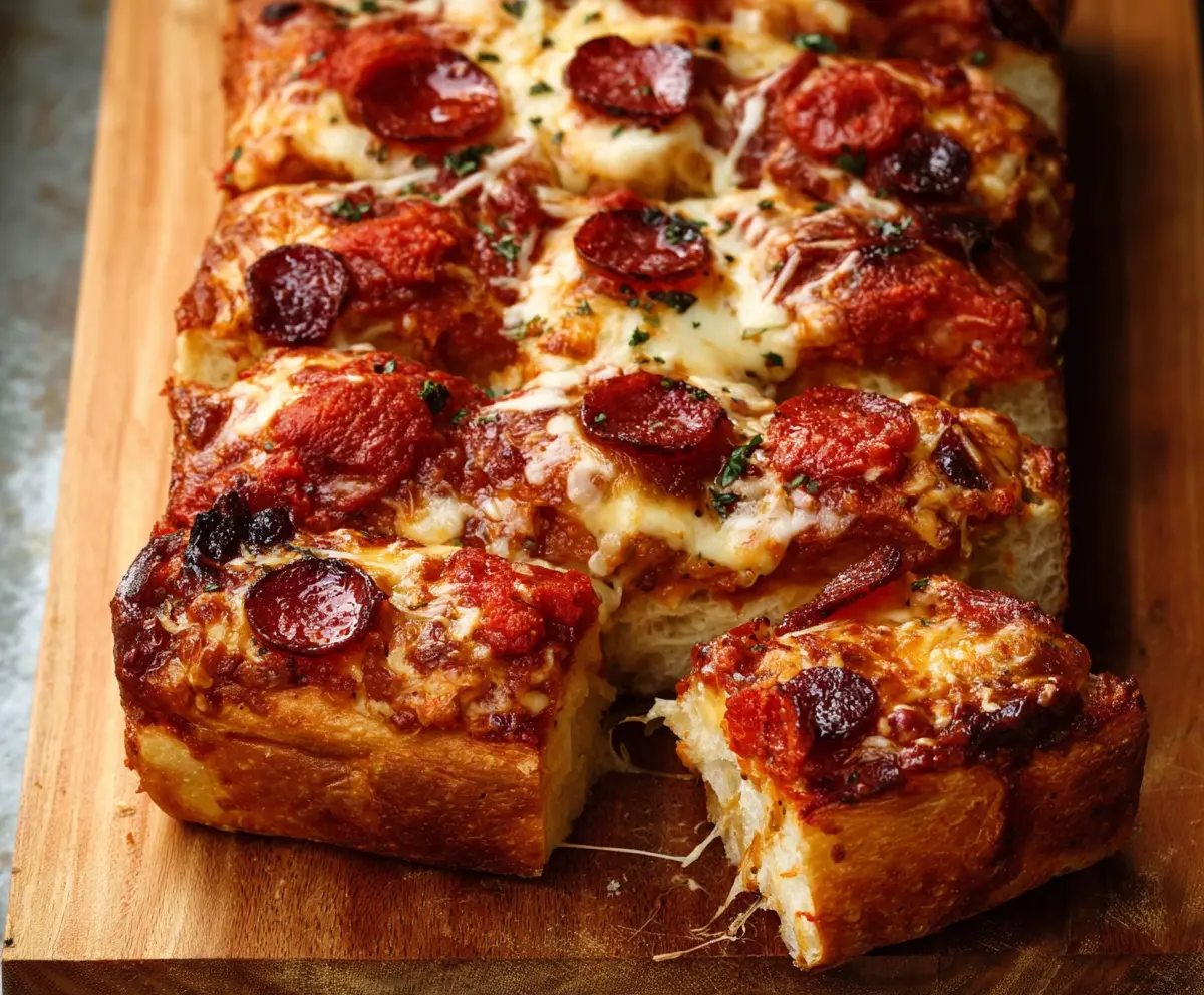 Delicious homemade pizza bread with melted cheese and toppings