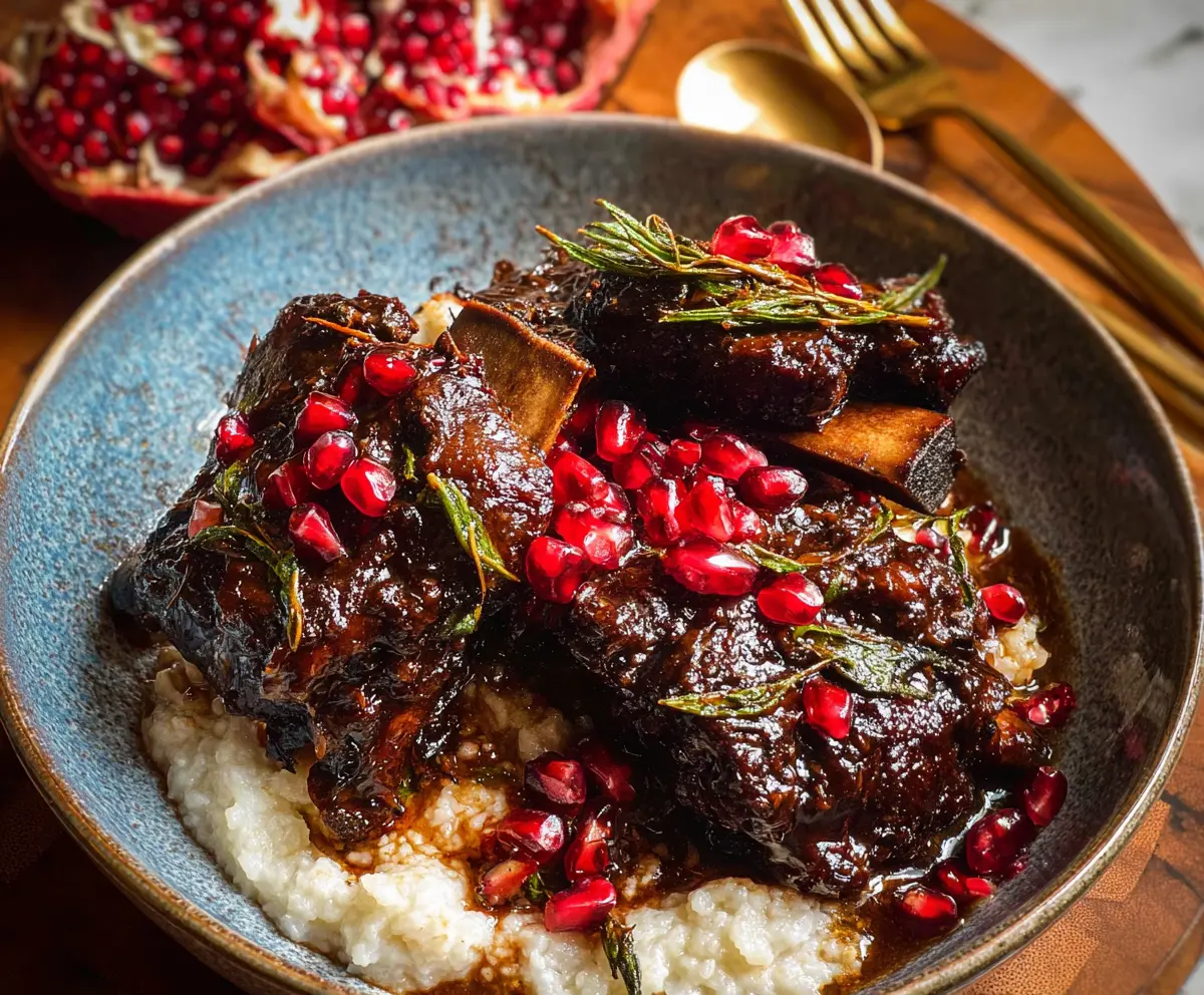 Juicy pomegranate braised short ribs served on a plate with fresh herbs.