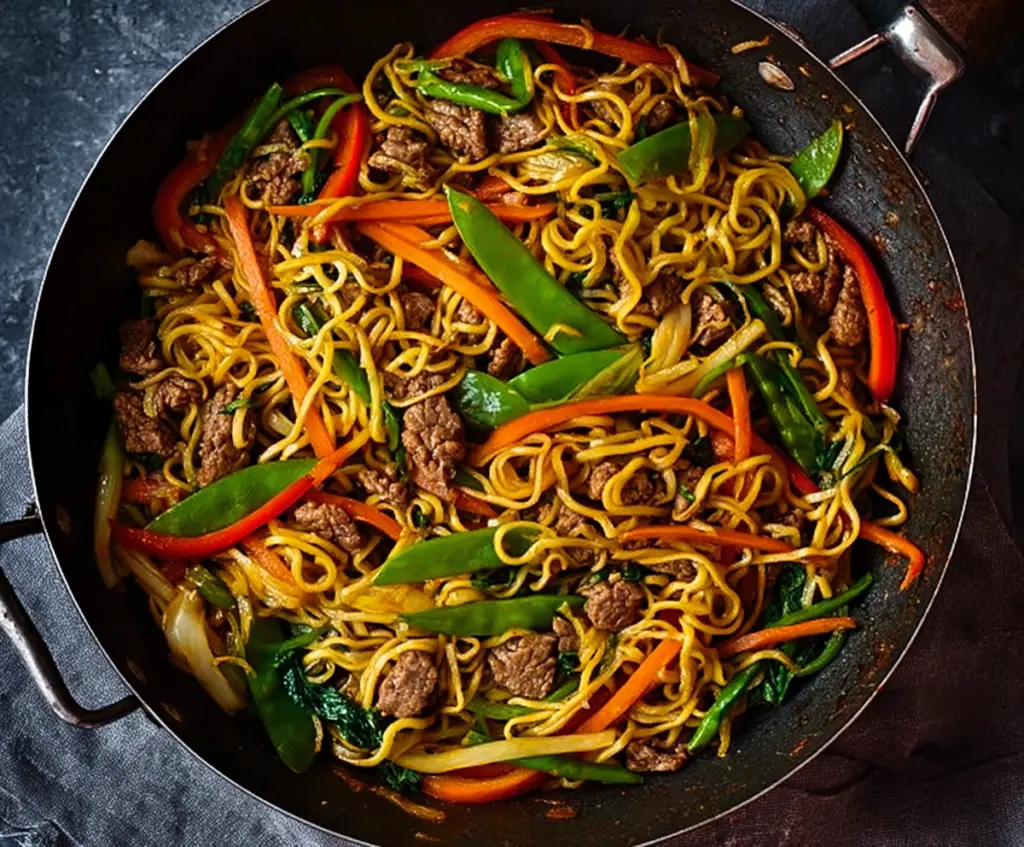 Delicious pork stir fry noodles with fresh vegetables and savory sauce.