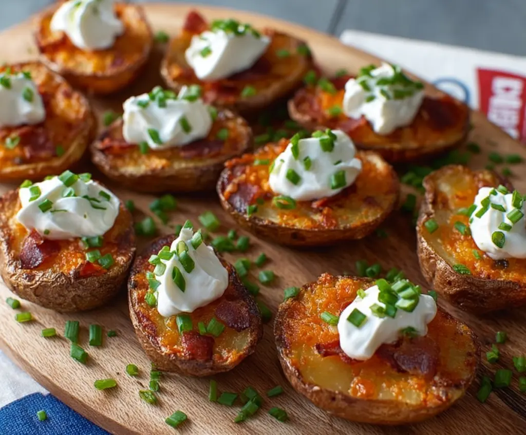 Crispy Potato Skin Bites with melted cheese and bacon bits, served as a savory appetizer.