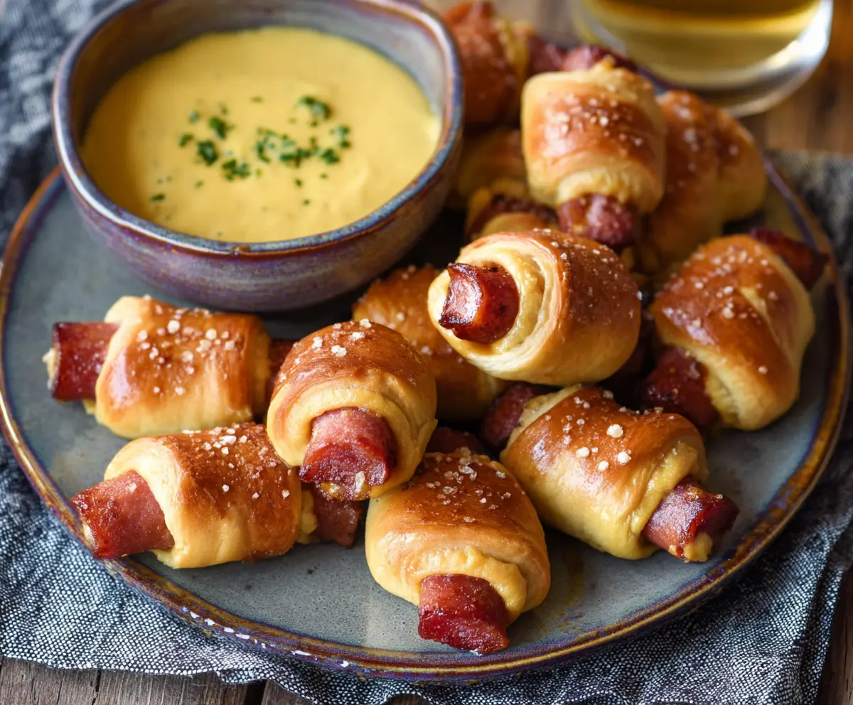 Golden pretzel pigs in a blanket served with creamy beer cheese dip, perfect appetizer for parties.