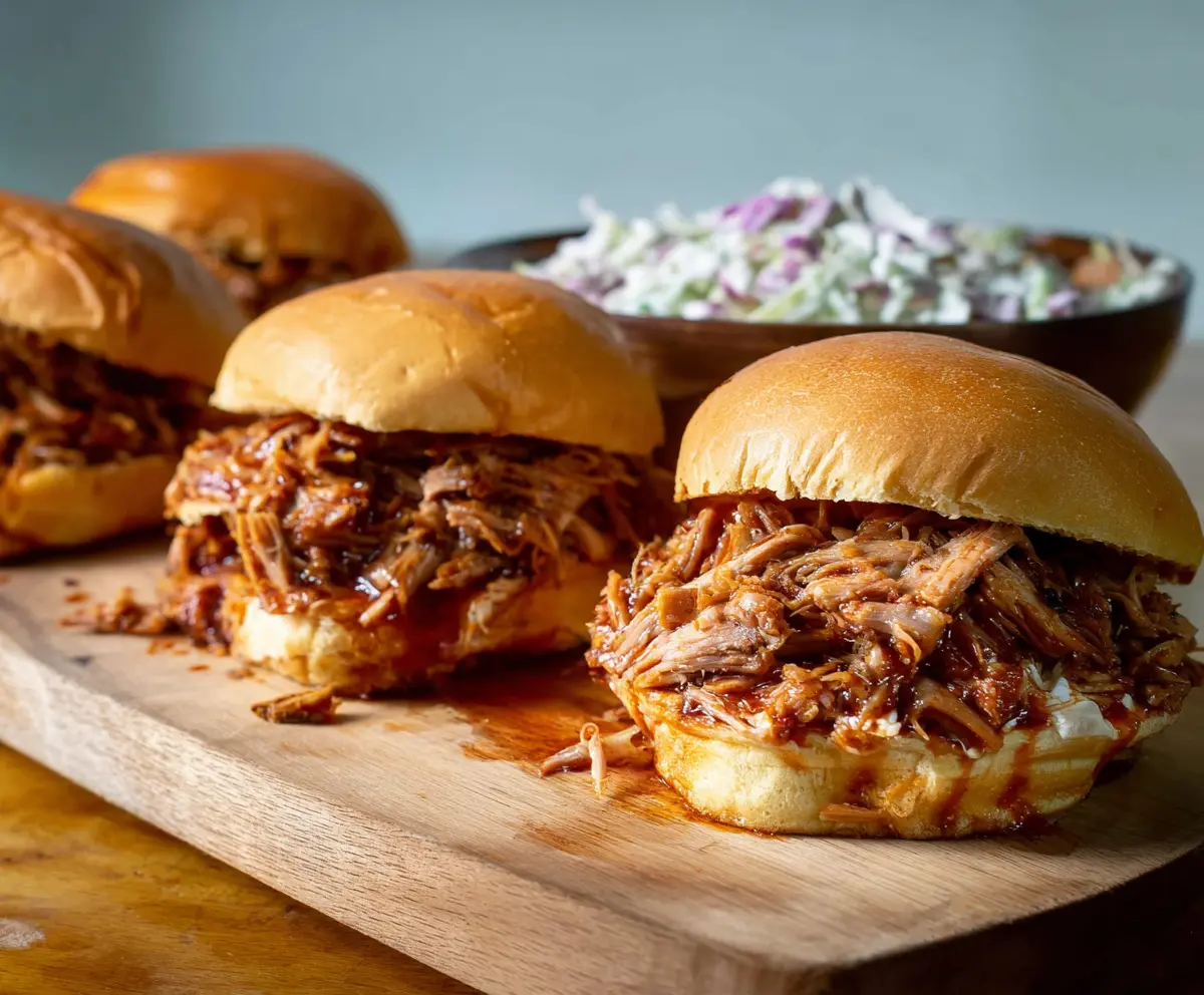 Delicious pulled pork sandwiches with buns and savory toppings on a plate.