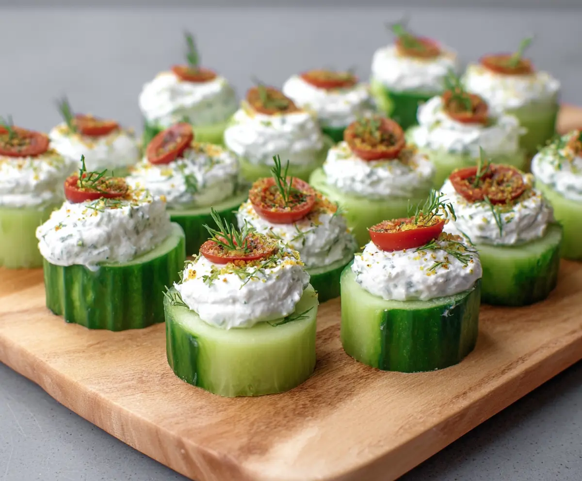 Delicious Ranch Cucumber Bites garnished with herbs, perfect for appetizer platter.