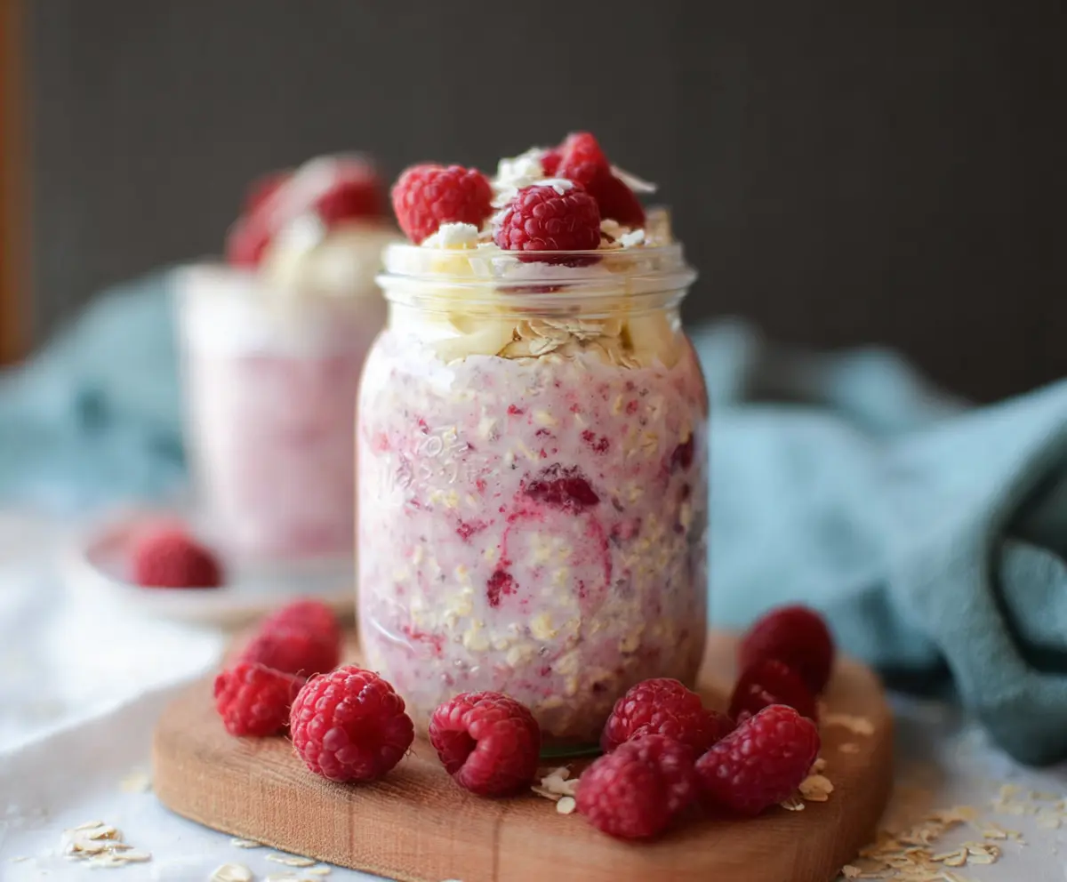 Delicious Raspberry White Chocolate Overnight Oats in a glass jar, garnished with fresh raspberries and white chocolate shavings.
