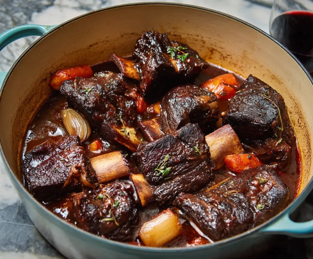 Delicious red wine braised short ribs served with rich sauce and tender meat.