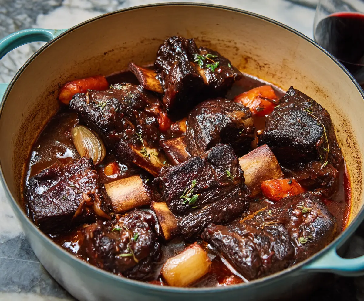 Delicious red wine braised short ribs served with rich sauce and tender meat.