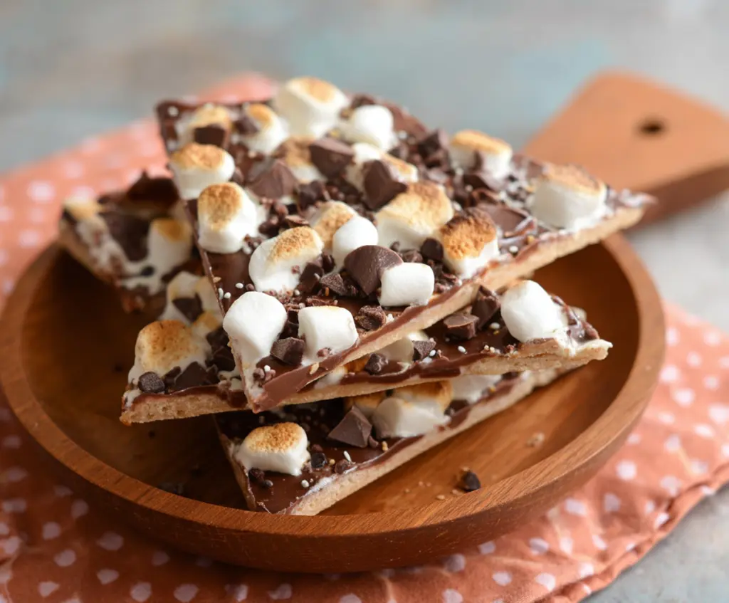Delicious S’mores Yogurt Bark topped with marshmallows, chocolate chips, and graham cracker crumbs.