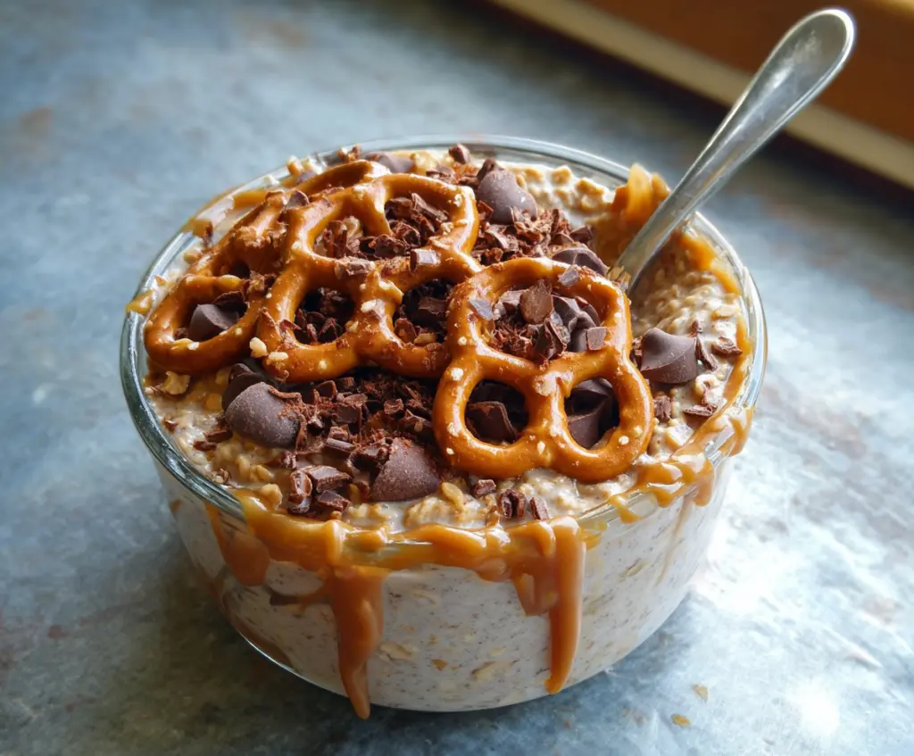 Creamy salted caramel pretzel overnight oats served in a glass jar with pretzel topping