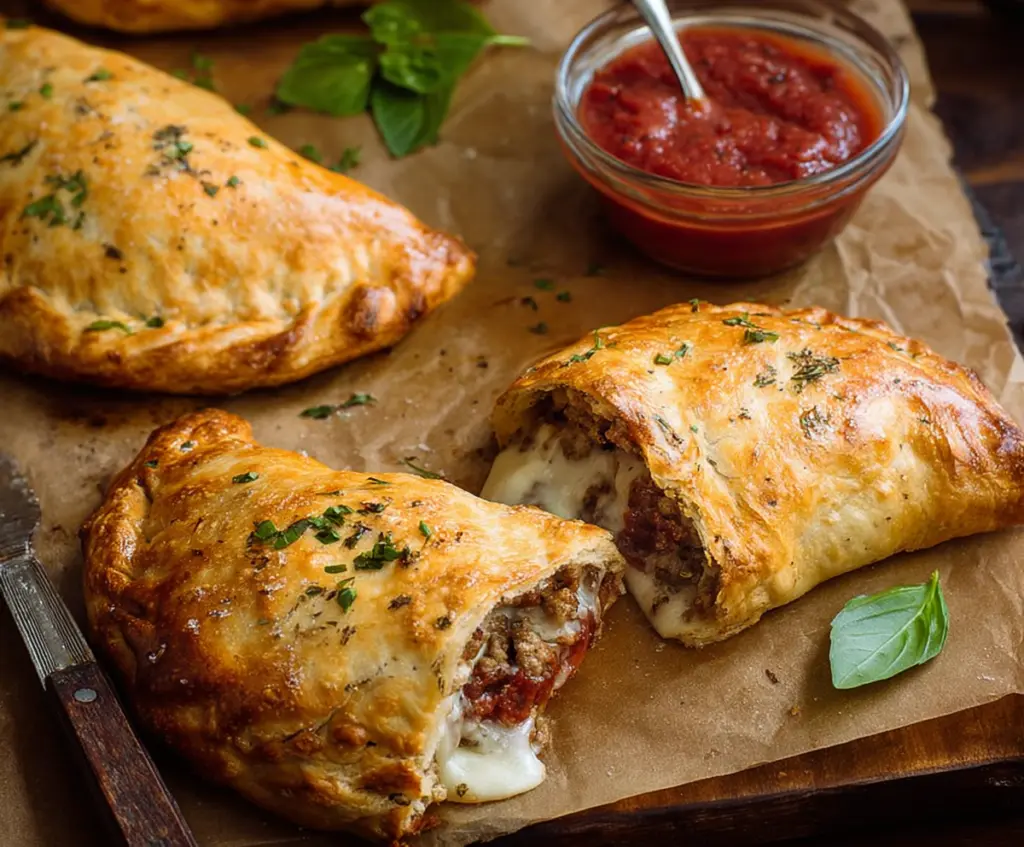 Delicious sausage calzones fresh out of the oven, showcasing golden crust and savory filling.