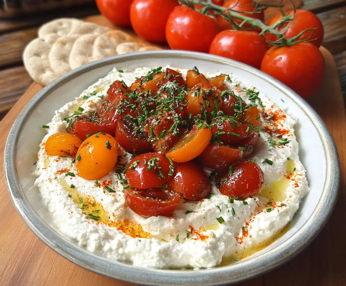 Delicious savory whipped cottage cheese topped with fresh tomatoes, perfect for a healthy appetizer.
