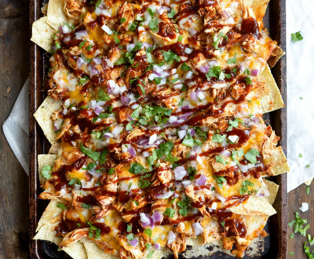 Delicious Sheet Pan BBQ Chicken Nachos topped with melted cheese and fresh cilantro.