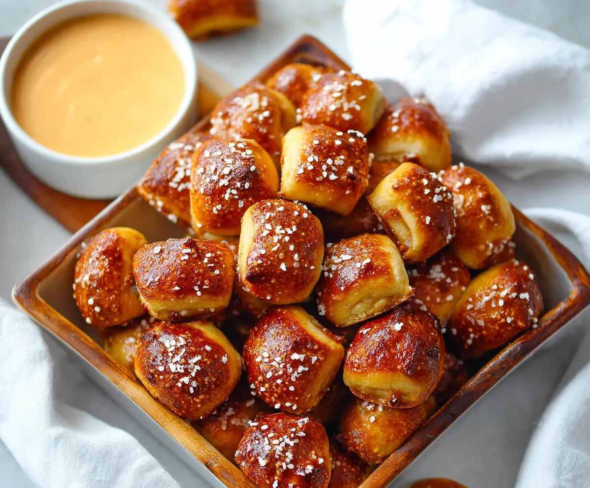 Delicious soft pretzel bites with golden-brown crust served on a white plate