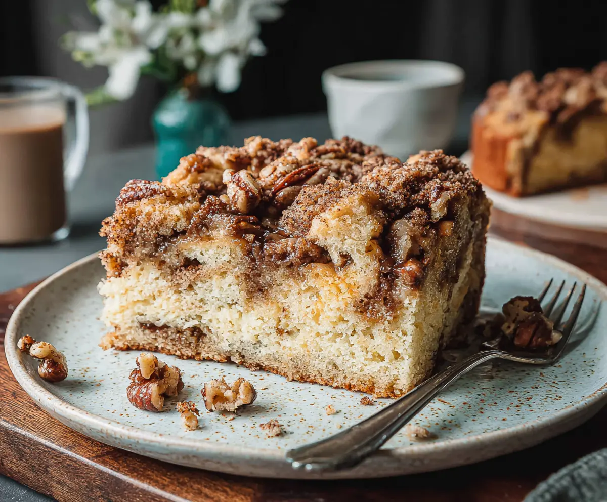 Delicious sourdough breakfast cake with fruit and nuts on a rustic plate.