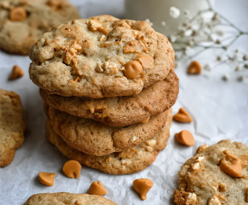 Delicious homemade sourdough butterscotch cookies on a rustic plate with gooey butterscotch chunks.