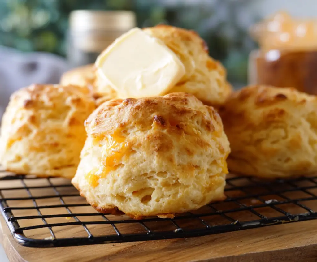Delicious homemade sourdough cheese scones served on a rustic plate.
