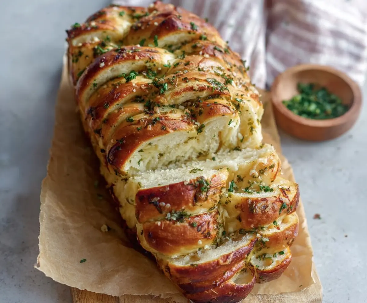 Delicious sourdough discard garlic pull apart bread on a wooden board showcasing a golden, crispy crust and aromatic garlic butter.