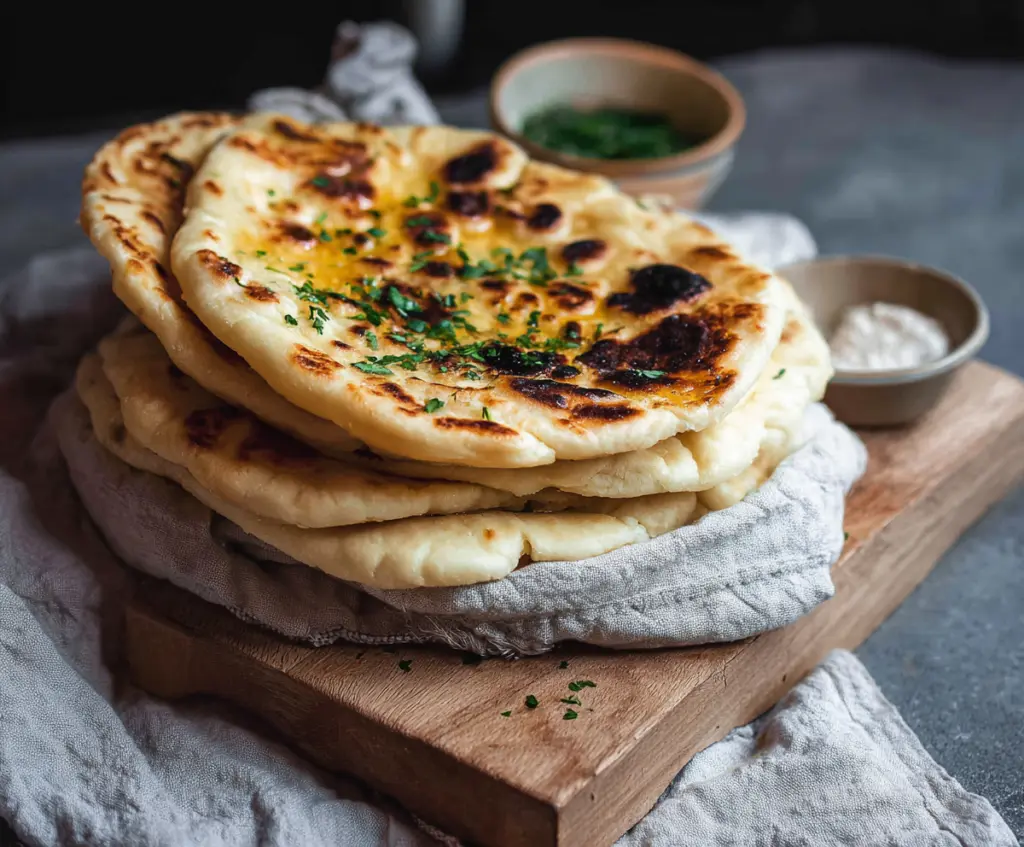 Delicious homemade sourdough discard naan bread on a rustic wooden surface.