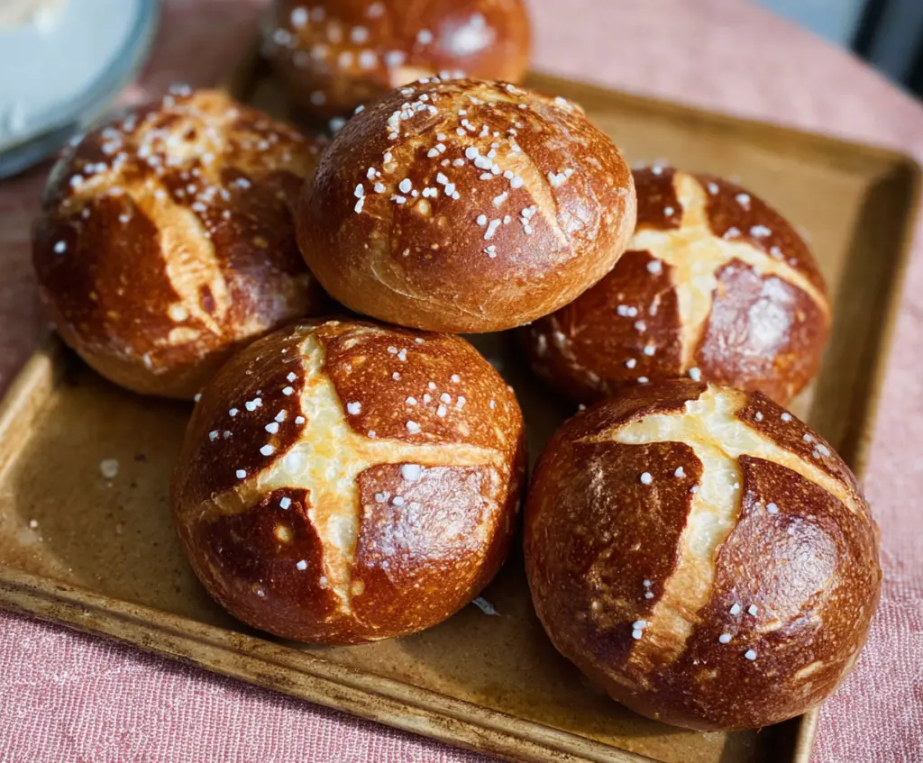 Golden sourdough discard pretzel buns fresh out of the oven with a shiny crust.