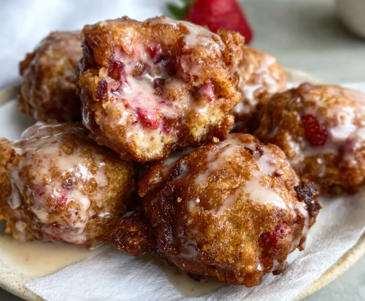 Golden sourdough discard strawberry fritters topped with powdered sugar on a plate.