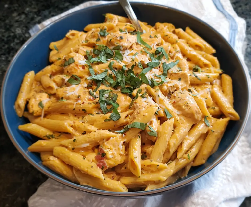 Creamy Southwest Alfredo Penne Pasta topped with spices and fresh cilantro, served in a white bowl.