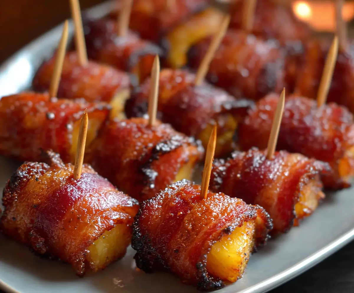 Delicious Spicy Brown Sugar Bacon Wrapped Pineapple Bites on a serving platter