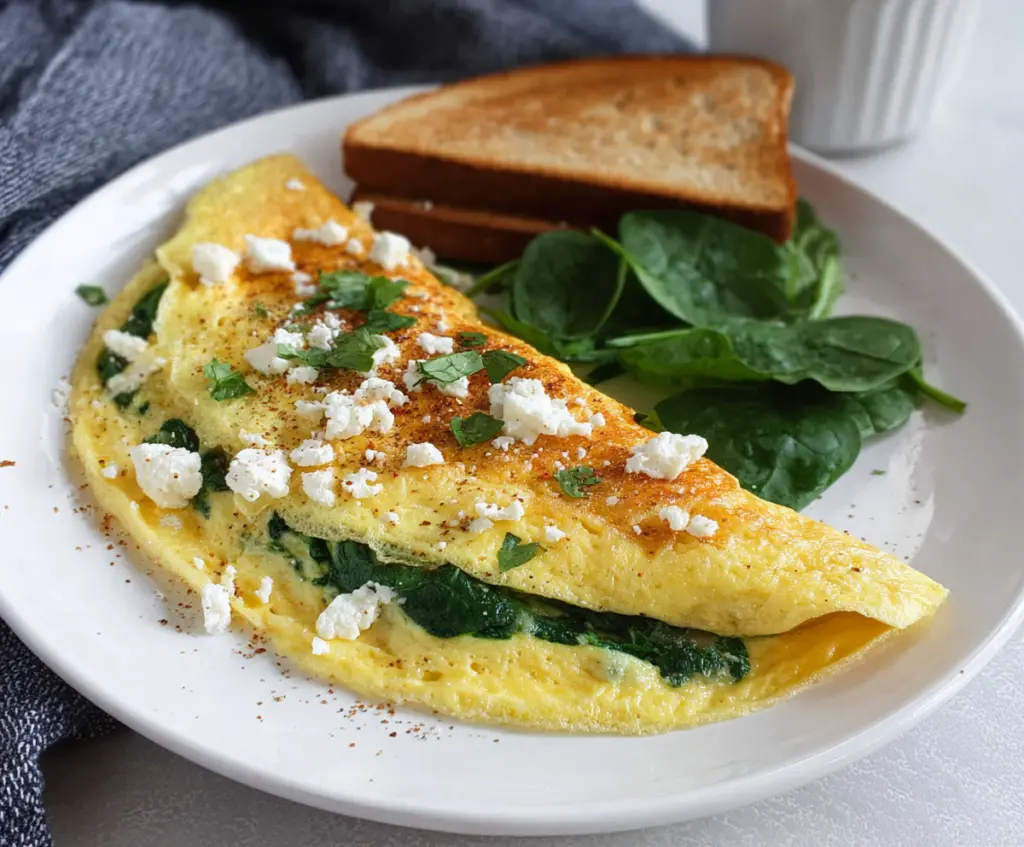 Delicious spinach and feta omelet freshly cooked with vibrant greens and creamy cheese.