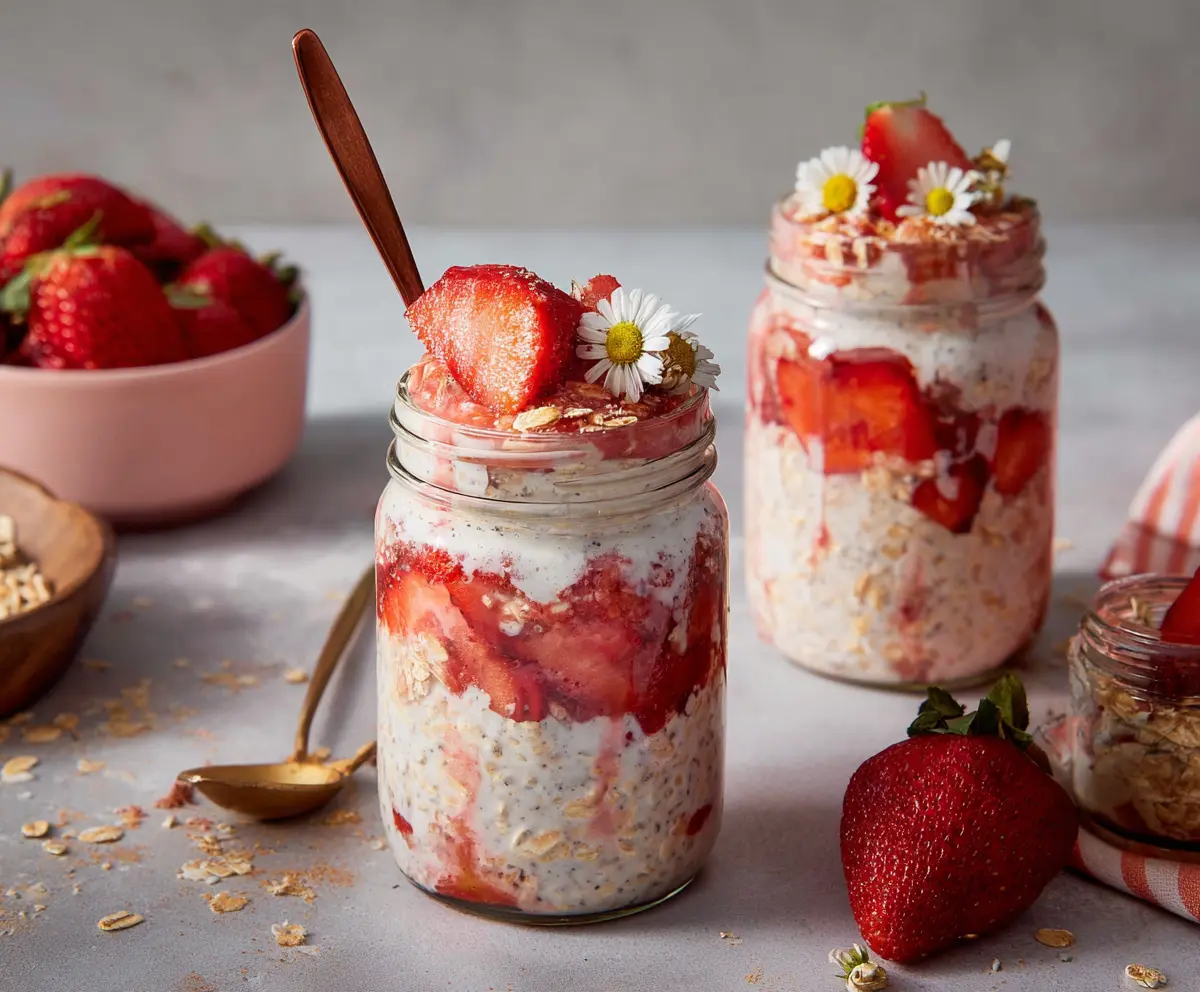 Creamy strawberry cheesecake overnight oats topped with fresh strawberries and a graham cracker crust.