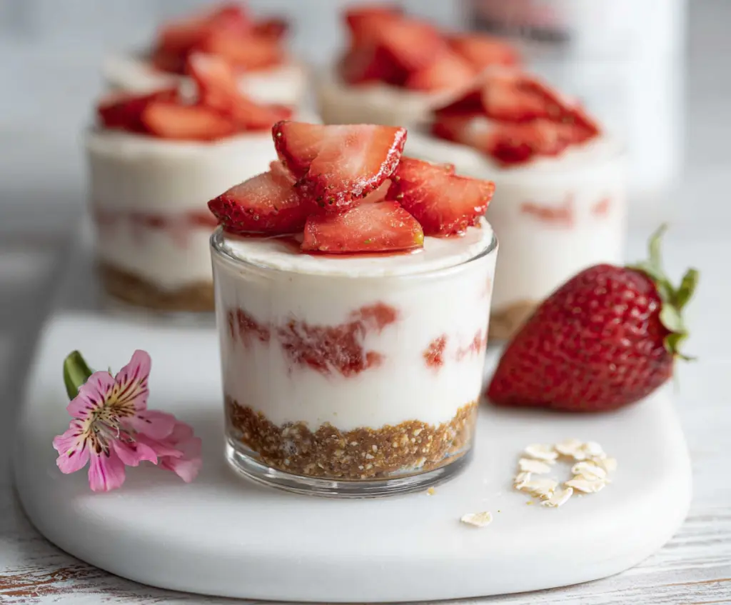 Delicious Strawberry Cheesecake Protein Cups with fresh strawberries and creamy cheesecake topping.