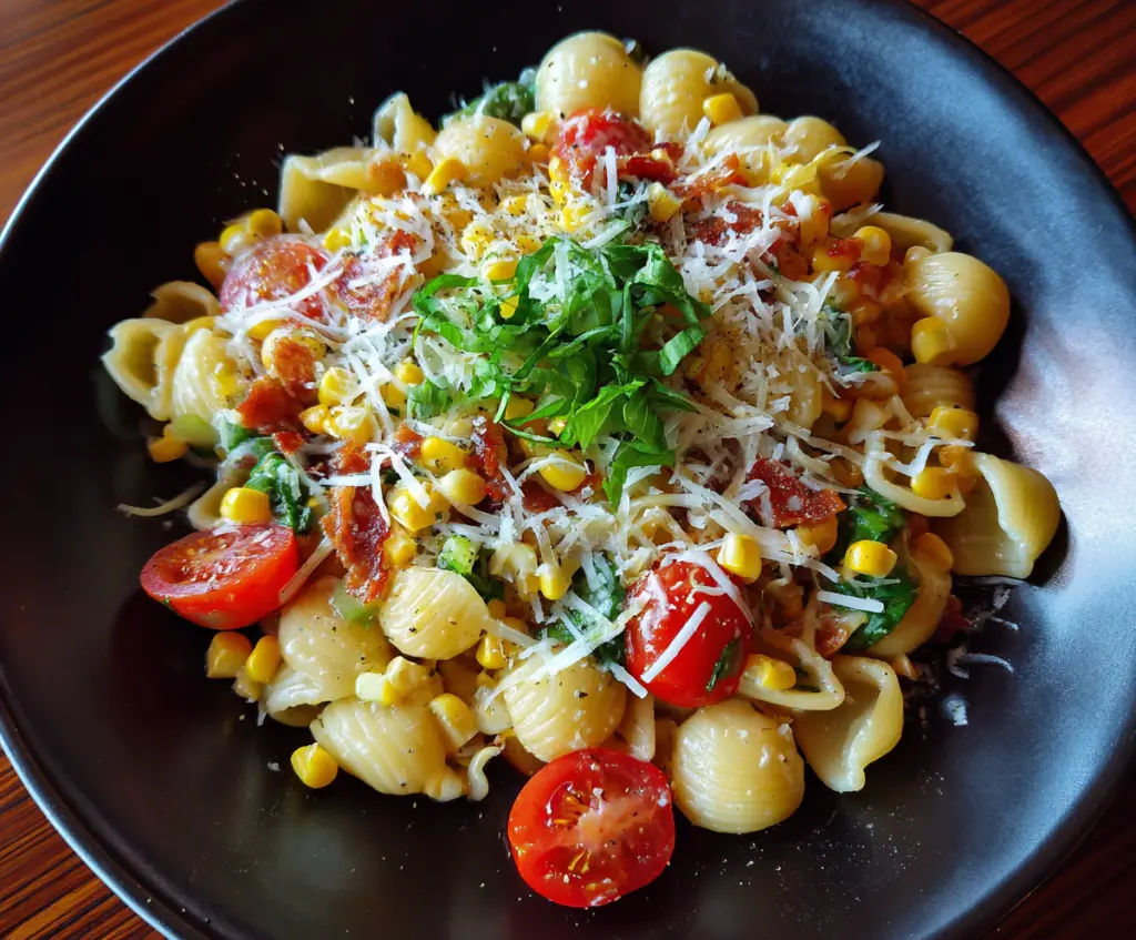 Creamy sweet corn pasta dish served with fresh herbs and grated cheese.