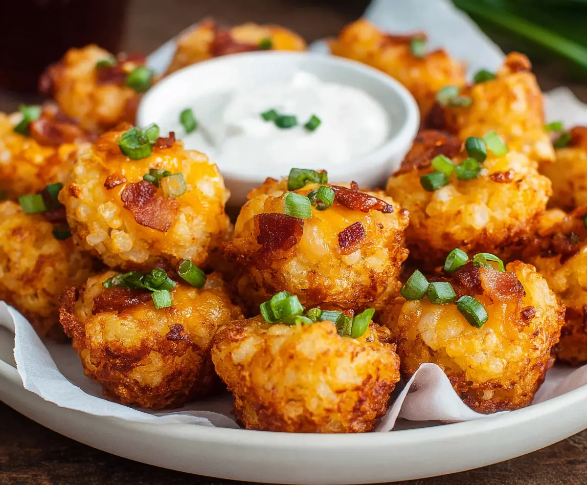 Crispy Tater Tot Bites served with dipping sauce on a white plate