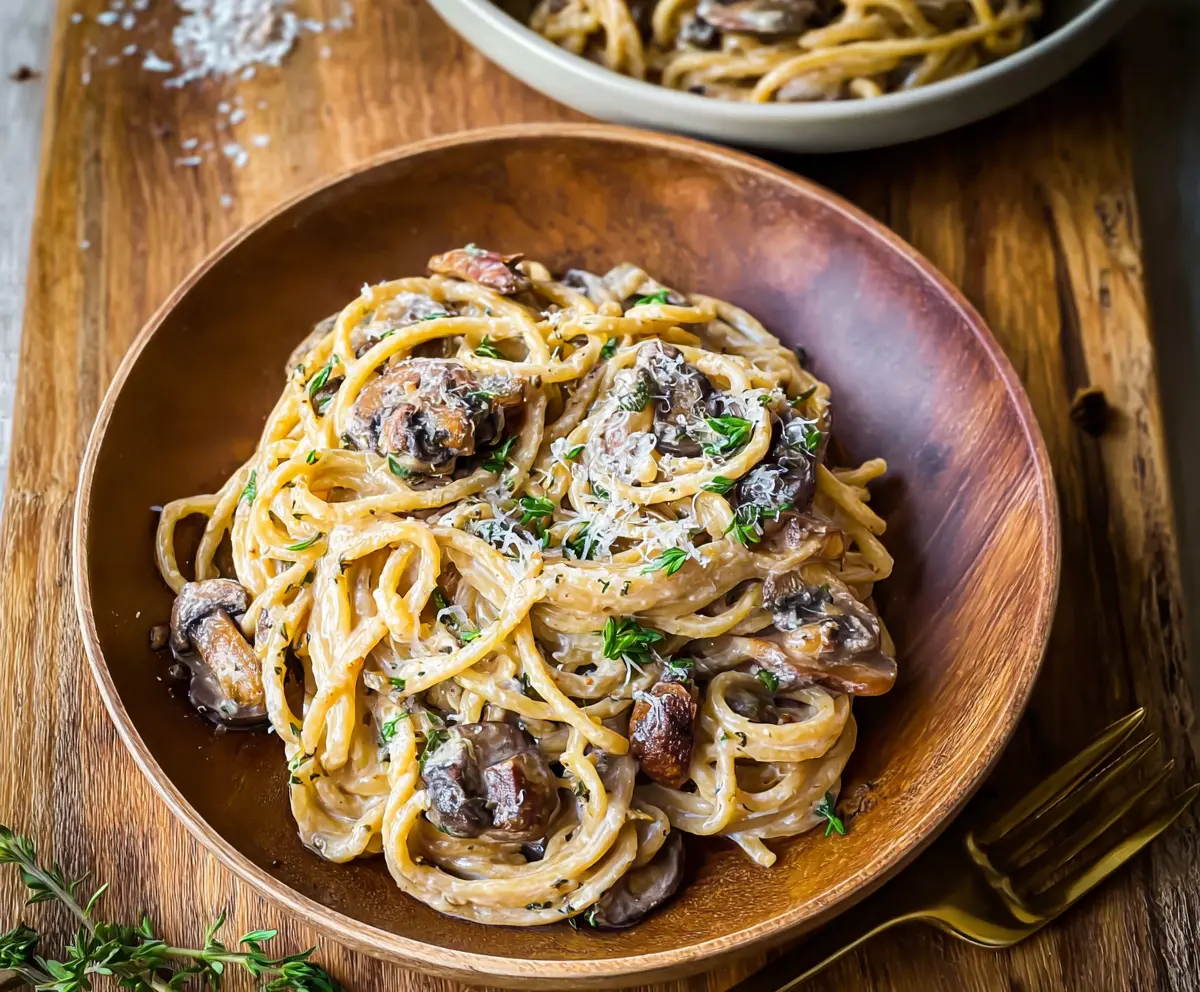 Creamy truffle mushroom pasta garnished with fresh herbs on a white plate, perfect for gourmet dinner.