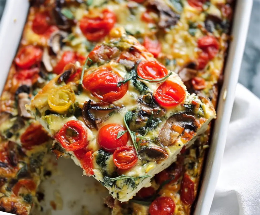 Delicious veggie-packed breakfast casserole with colorful vegetables and melted cheese served in a baking dish.