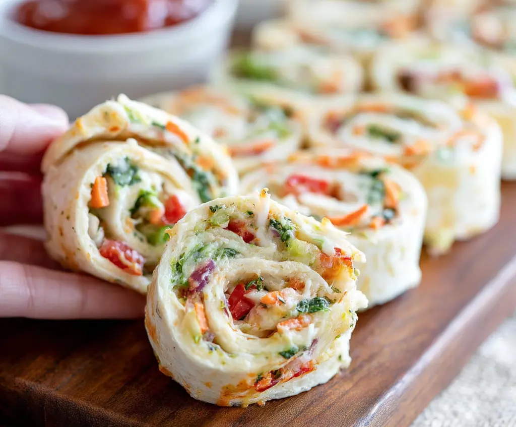 Colorful veggie pizza pinwheels with fresh vegetables and melted cheese on a cutting board.
