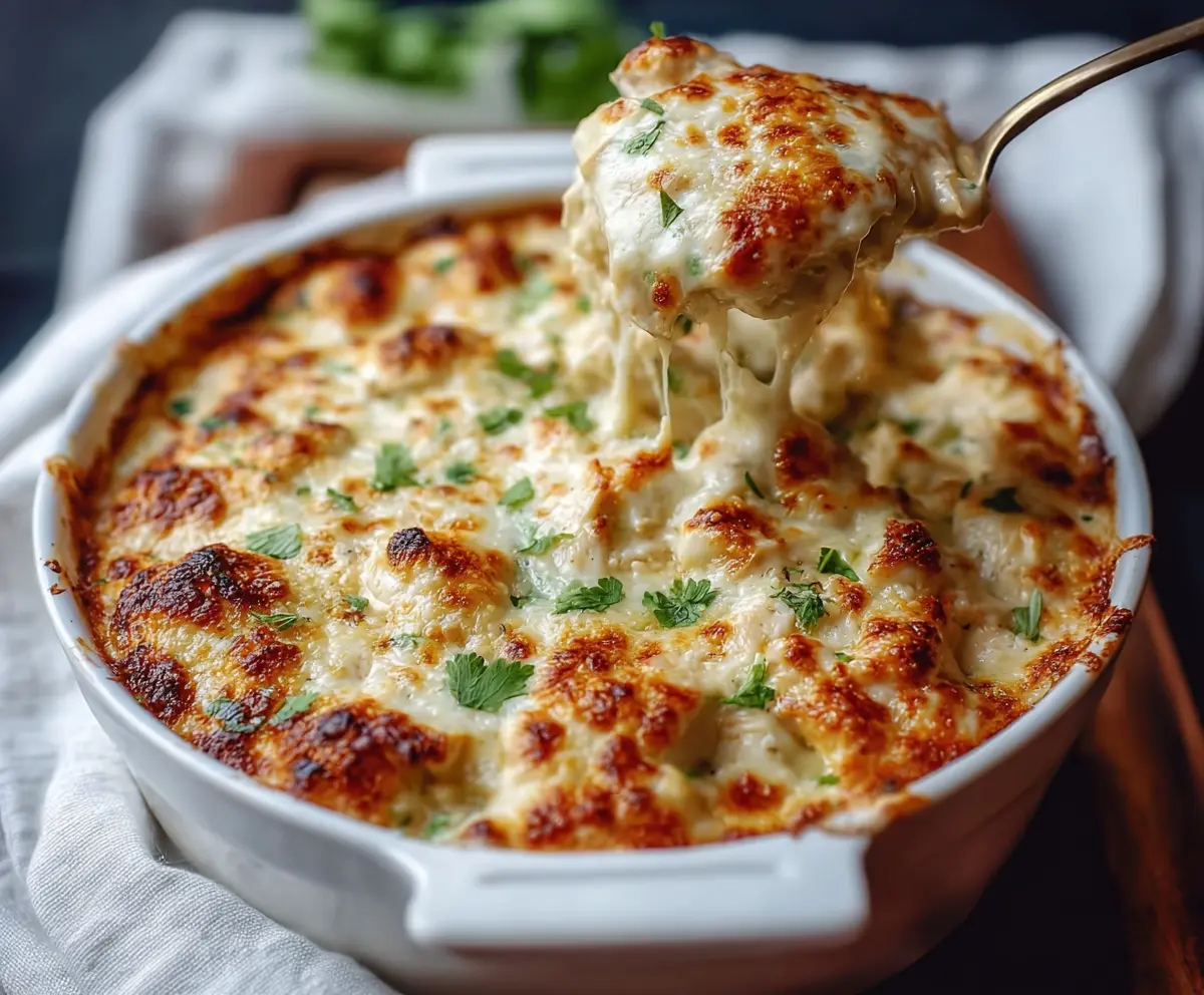 Creamy White Chicken Chili Cottage Cheese Winter Bake served in a baking dish garnished with herbs.