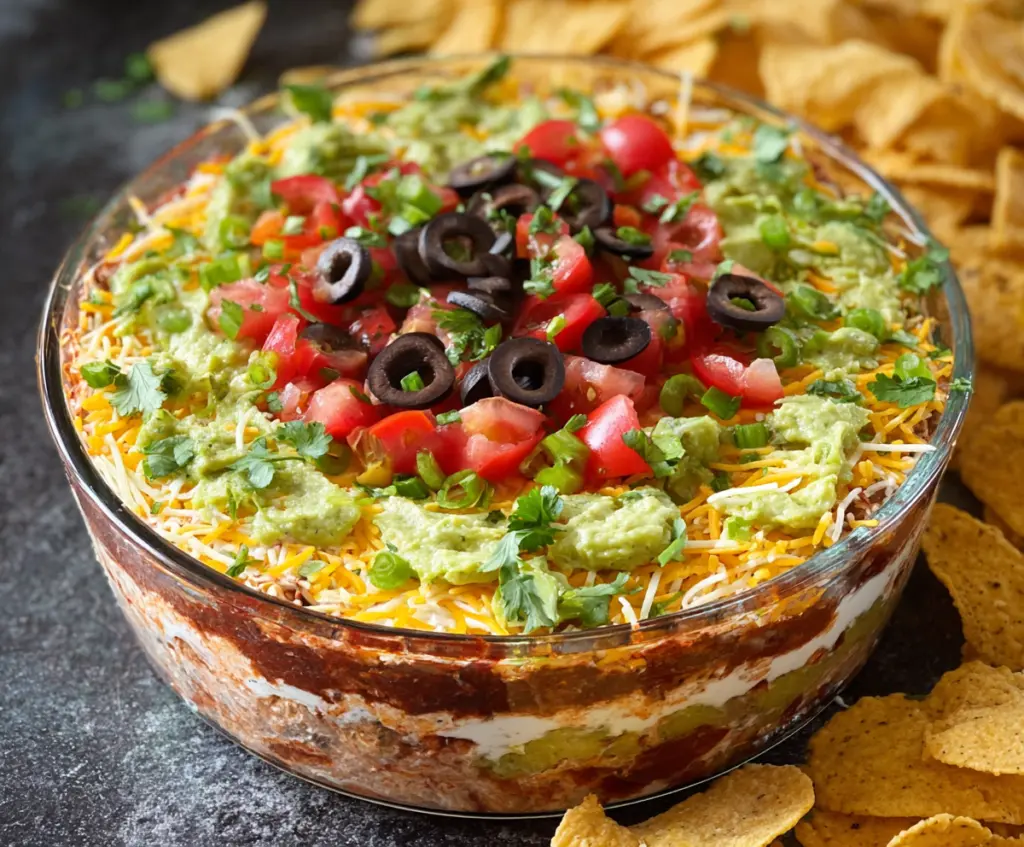Colorful 5-layer dip in a bowl with fresh vegetables and toppings for a festive appetizer