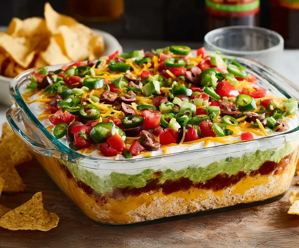 Delicious 7 Layer Dip with colorful layers of beans, cheese, guacamole, and salsa in a serving dish.