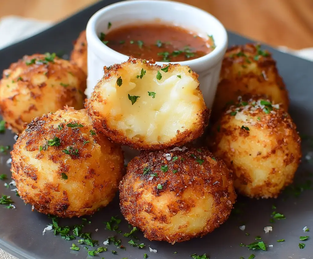 Delicious Air Fryer Cheesy Mashed Potato Balls with golden crispy exterior and gooey cheese inside