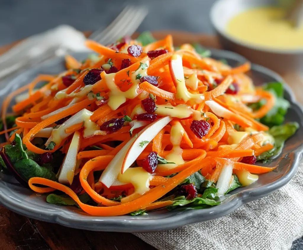 Fresh apple and carrot salad topped with creamy citrus dressing for a healthy snack.