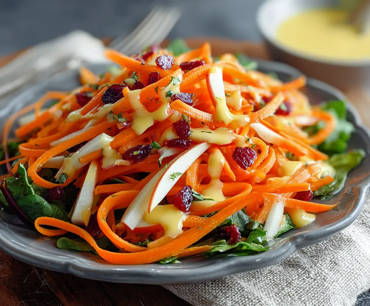 Fresh apple and carrot salad topped with creamy citrus dressing for a healthy snack.