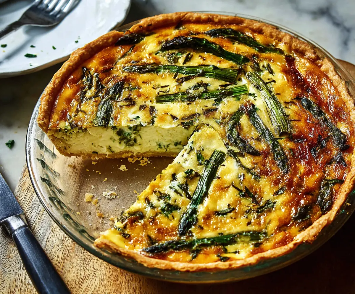 Delicious asparagus and Gruyere cheese quiche on a serving plate, perfect for brunch or lunch.