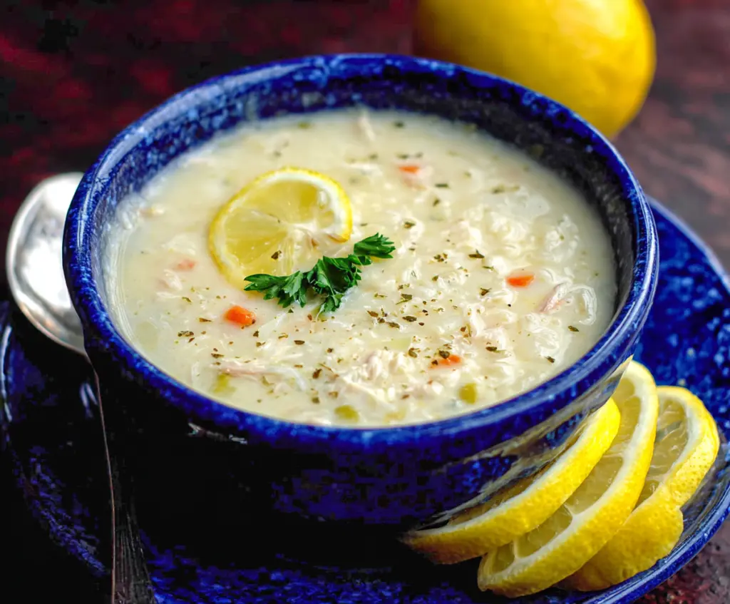 Traditional Greek Avgolemono Soup with tender chicken, rice, and lemon broth in a rustic bowl.