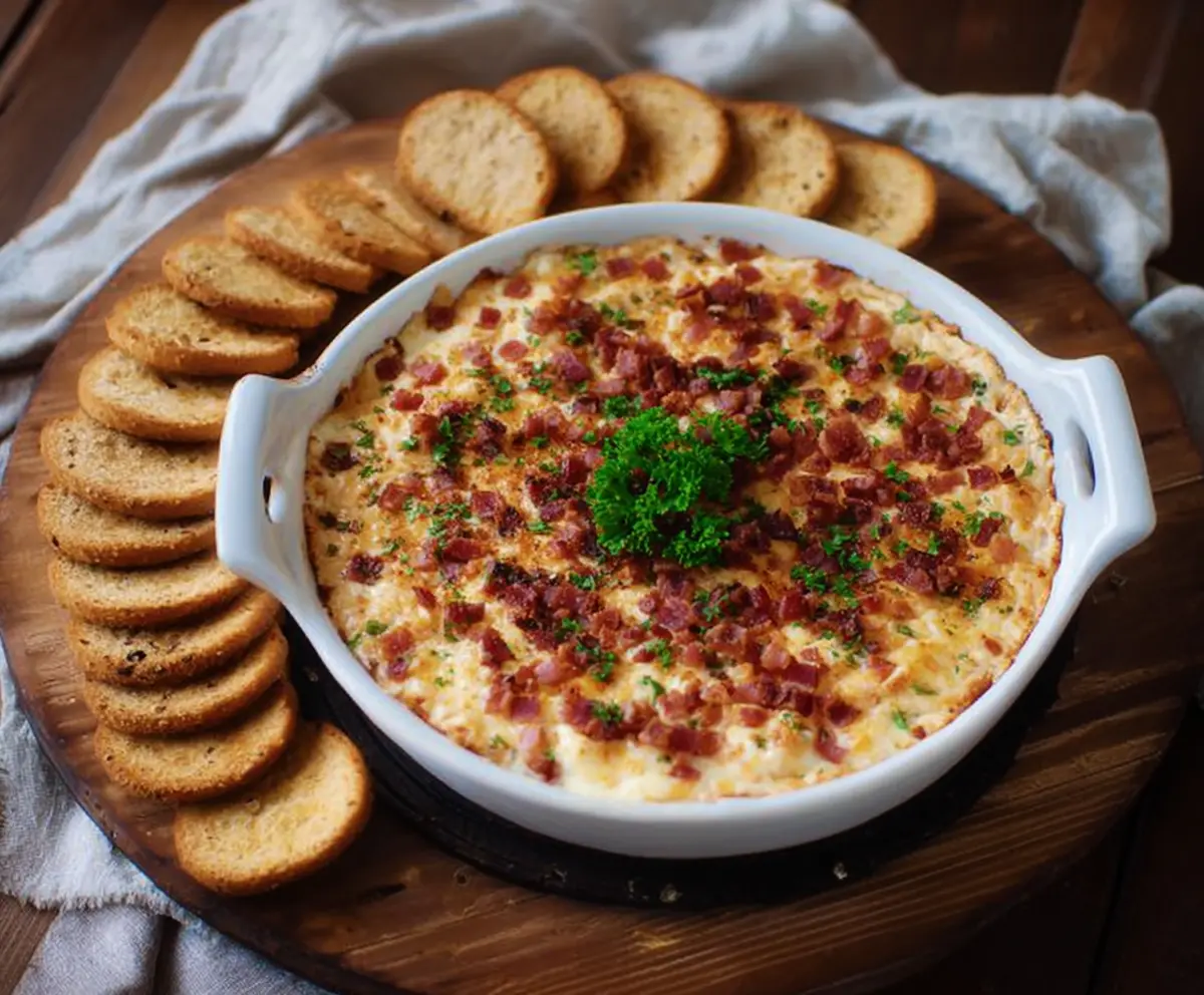 Creamy bacon and gouda cheese dip topped with smoky cheese for a savory appetizer.