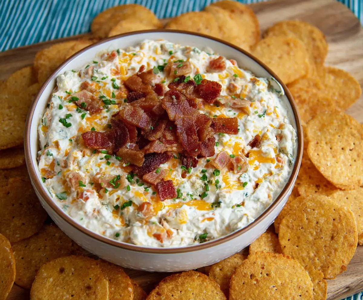 Creamy Bacon Cheddar Ranch Dip served with crunchy vegetables and chips, perfect for parties.