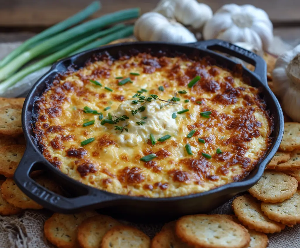 Delicious baked double cheese and sweet onion dip served in a bowl, perfect for parties and gatherings