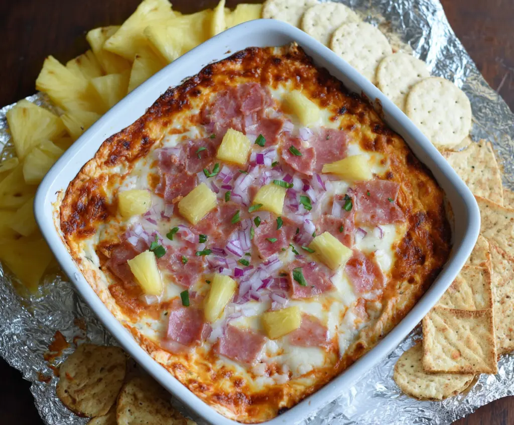 Delicious baked Hawaiian pizza dip with ham, pineapple, and melted cheese in a baking dish.