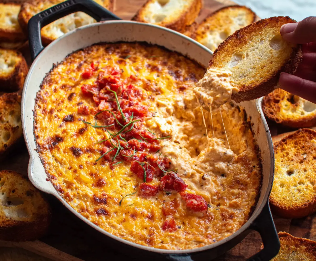 Delicious baked pimento cheese dip served with crackers and fresh vegetables.