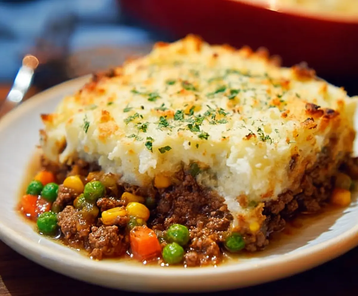 Hearty beef shepherd's pie topped with mashed potatoes and golden brown crust served in a baking dish.